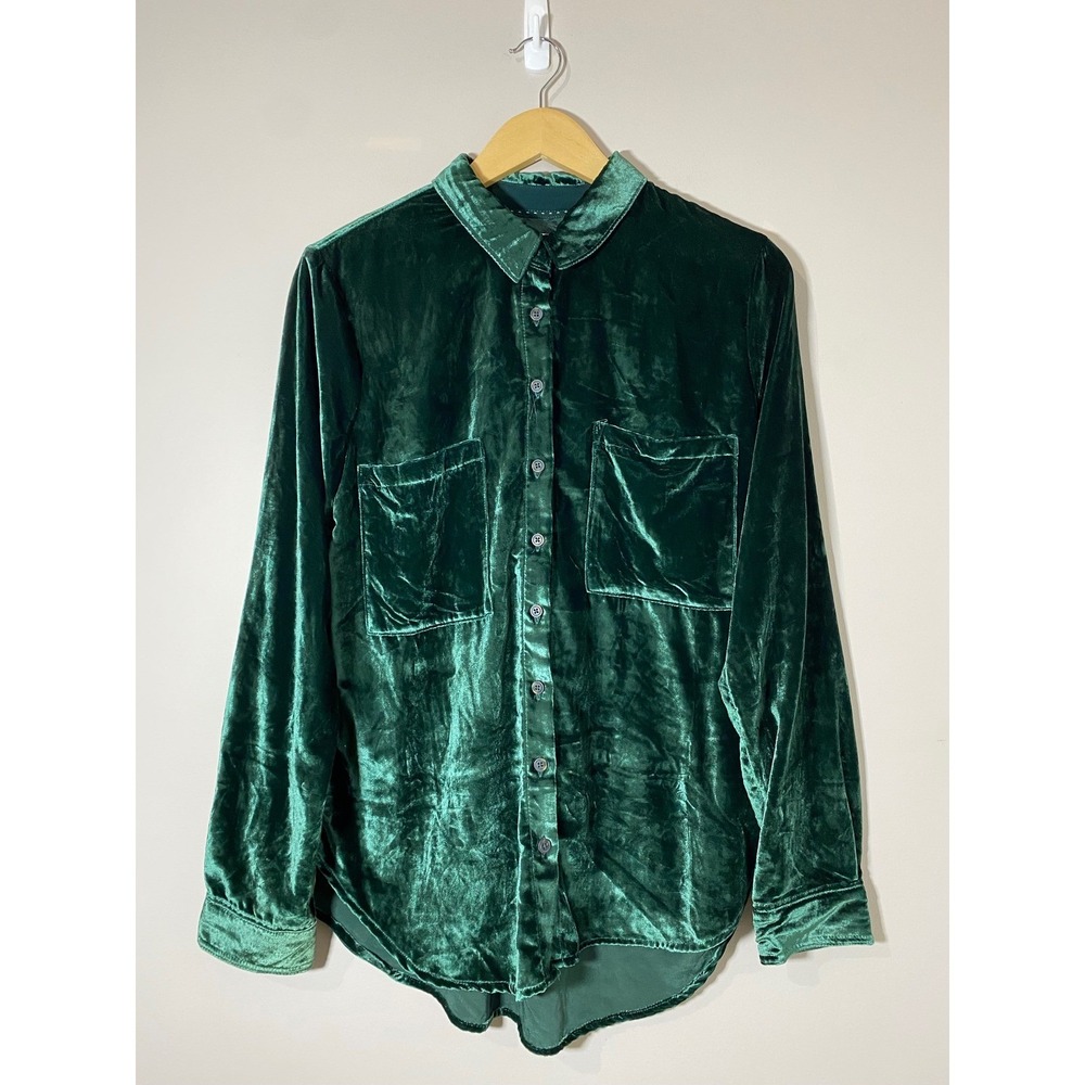 Anthropologie Pilcro The Hadley Relaxed Button Down Green Velvet Shirt Medium - Picture 2 of 6
